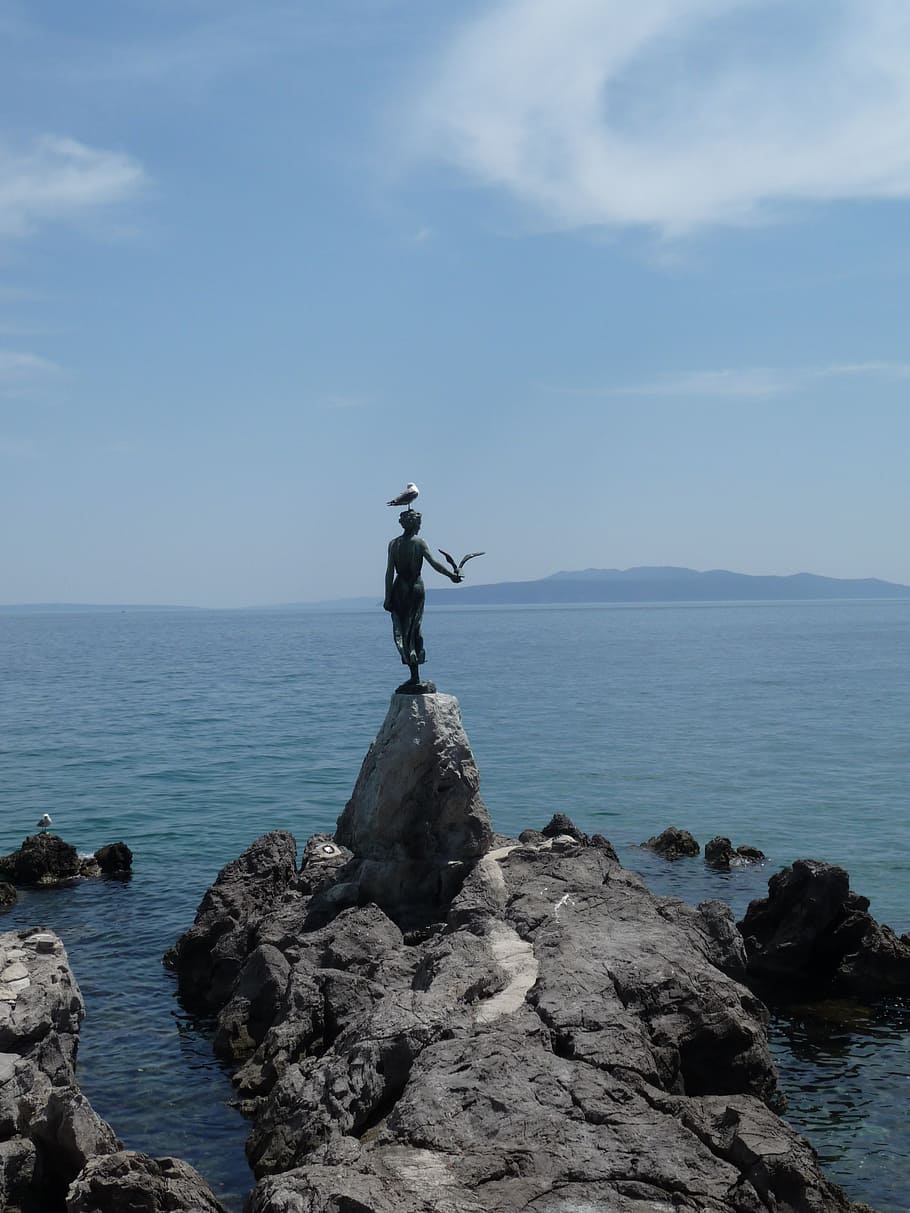 statue, girl, seagull, landmark, opatija, abbazia, croatia, HD wallpaper