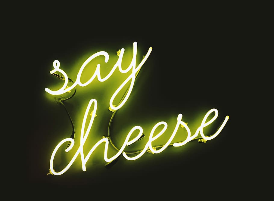 say cheese neon signage, yellow say cheese neon lights, wording