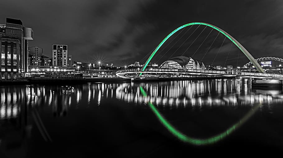grayscale photo of bridge on body of water, newcastle, upon tyne HD wallpaper