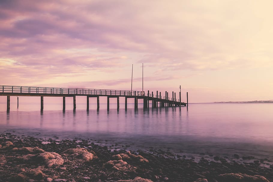 dock on calm body of water, black, wooden, white, sky, purple HD wallpaper