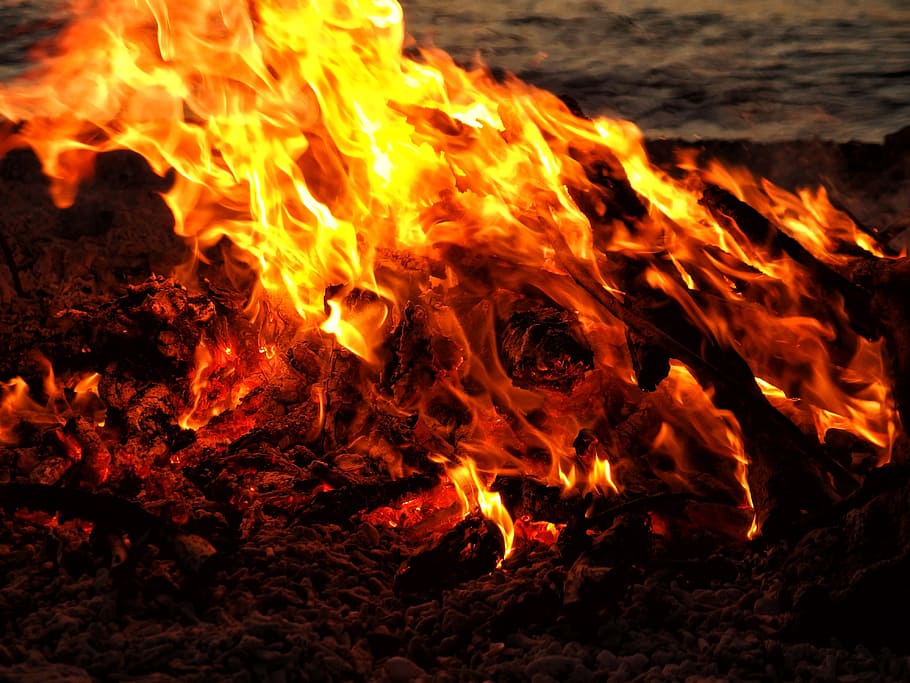 fire, bonfire, beach, bonfire beach, embers, wood, burning HD wallpaper