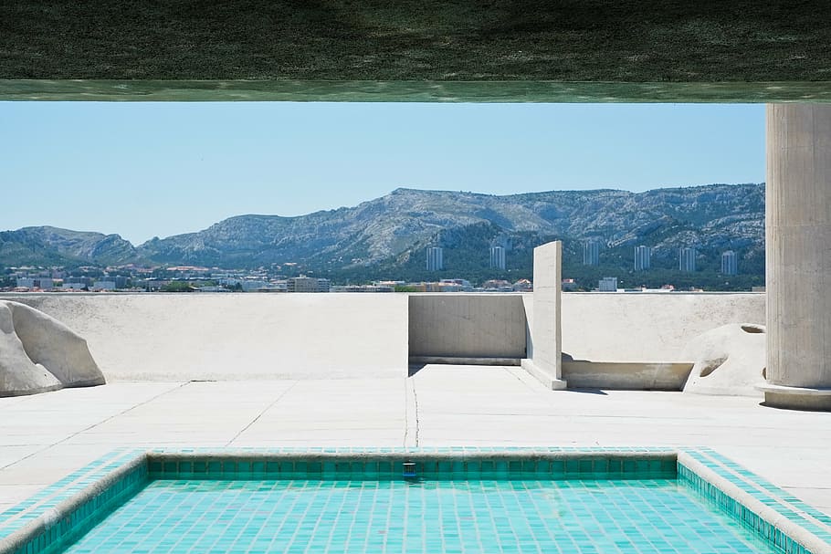 marble building with pool overlooking mountains, swimming pool HD wallpaper
