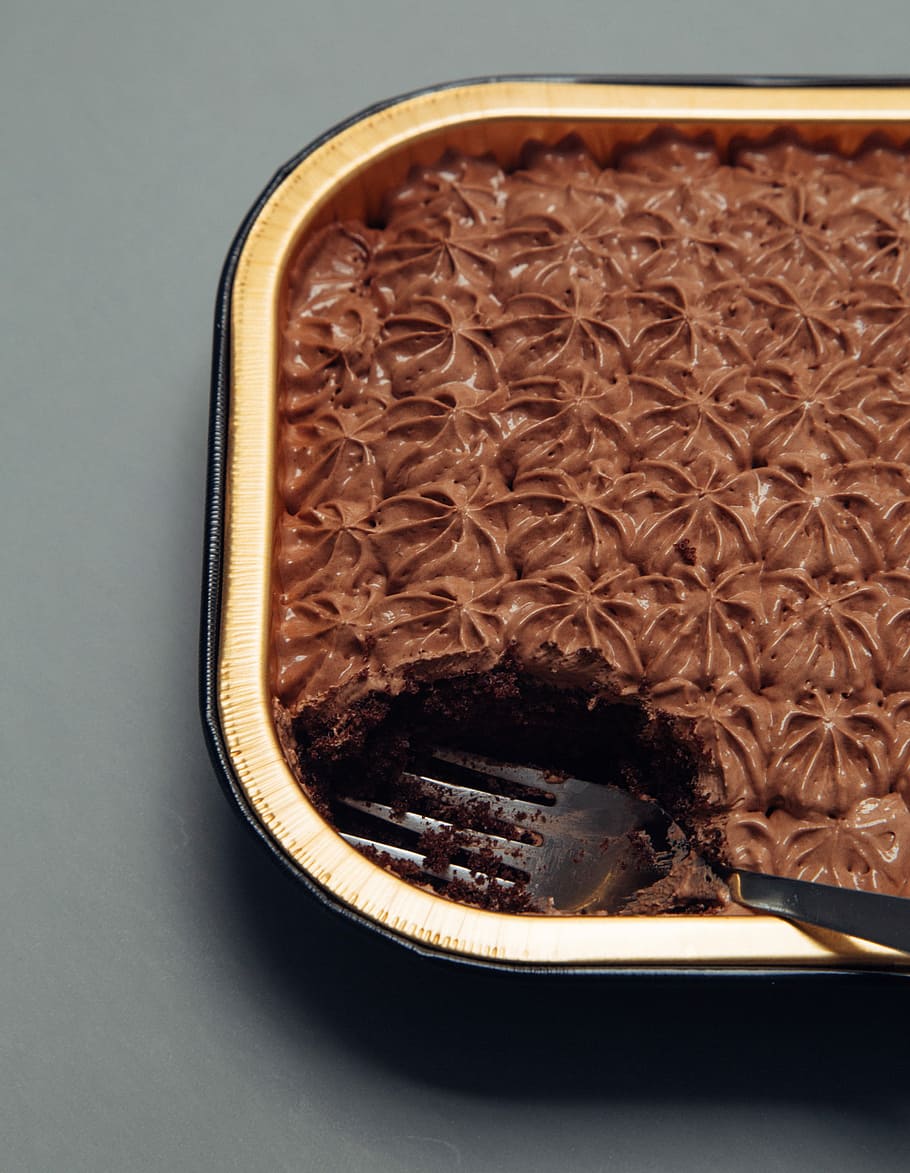 stainless steel fork in cake, chocolate cake on bowl, pie, dish HD wallpaper