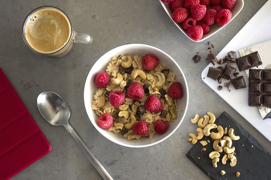 cereals with raspberries on white bowl, breakfast, milk, cashew HD wallpaper