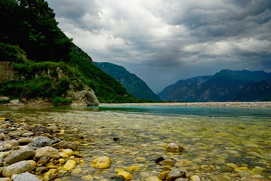 photography of riverbank, nature, mountains, clouds, thunderstorm HD wallpaper