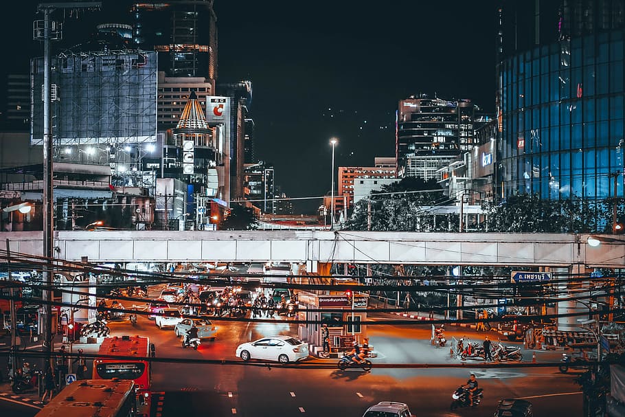vehicle on road near buildings, high angle photography of car in the city HD wallpaper