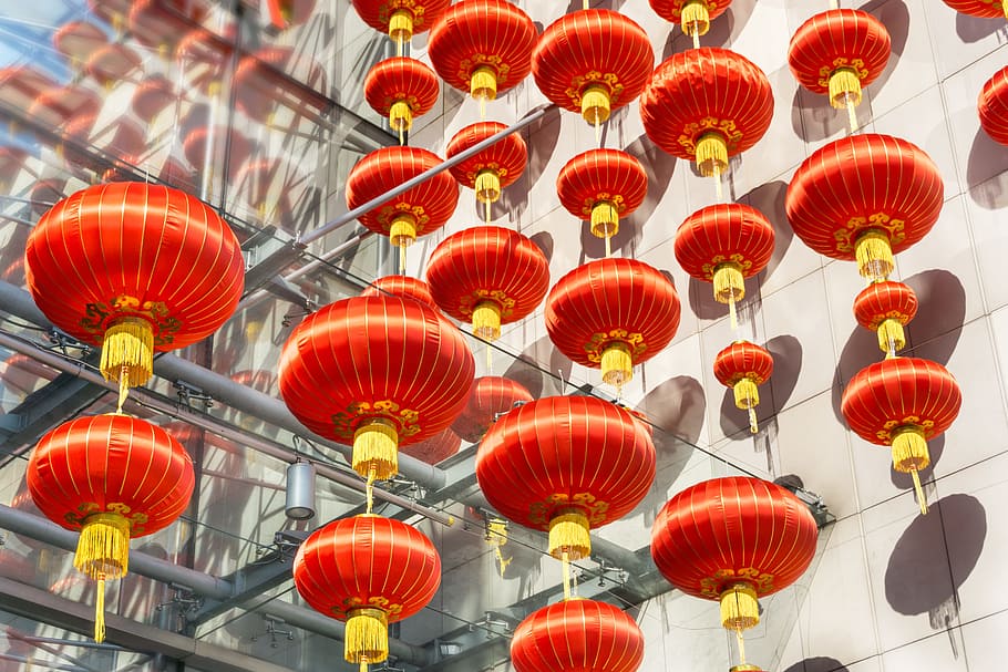 red lanterns hanged near glass wall, chinese, modernity, chinese lantern HD wallpaper