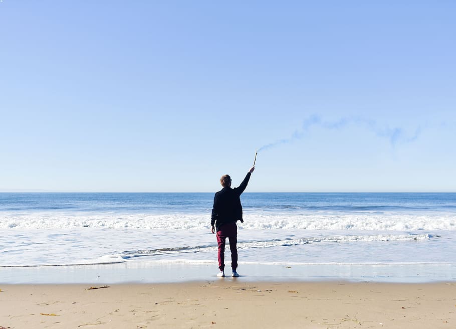 man, person, beach, sand, adventure, lost, ocean, smoke, sea HD wallpaper