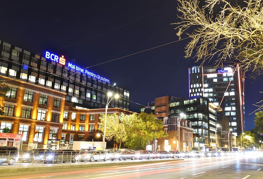 Evening, Bucharest, urban traffic, lights, road, street, long eaposure HD wallpaper