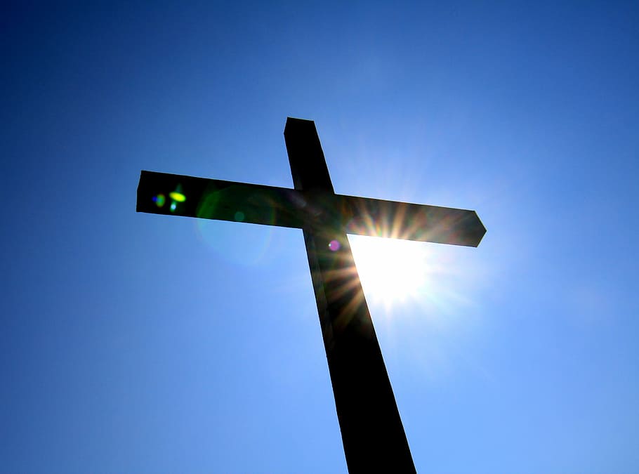 low angle photography of cross, Blue, Sun, Light, Rays, sky, redemption