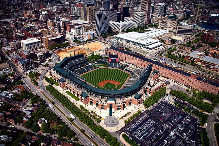 aerial view of baseball stadium, camden yards, baltimore, maryland