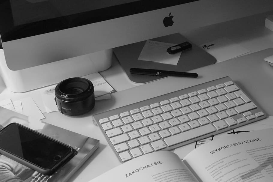 flat lay photography of iPhone, camera lens and iMac, business HD wallpaper