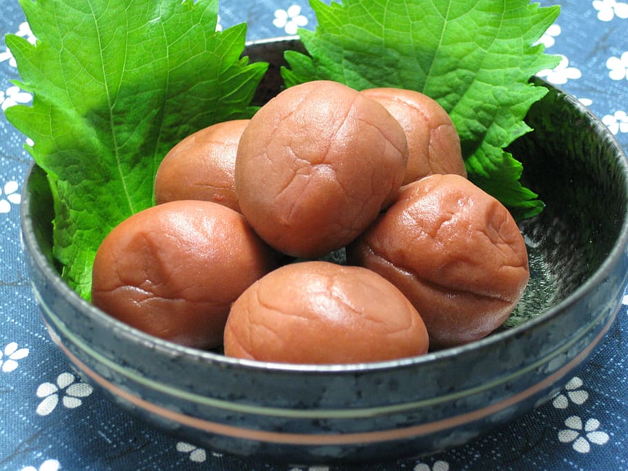 gray steel bowl, pickled plum, perilla leaf, dish, food, freshness HD wallpaper