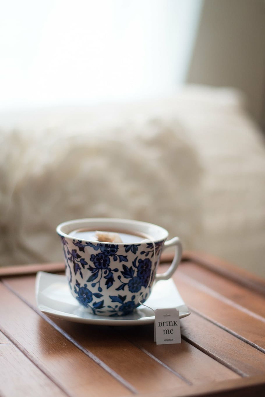 HD wallpaper: tea on white and blue floral ceramic teacup, bag, plate