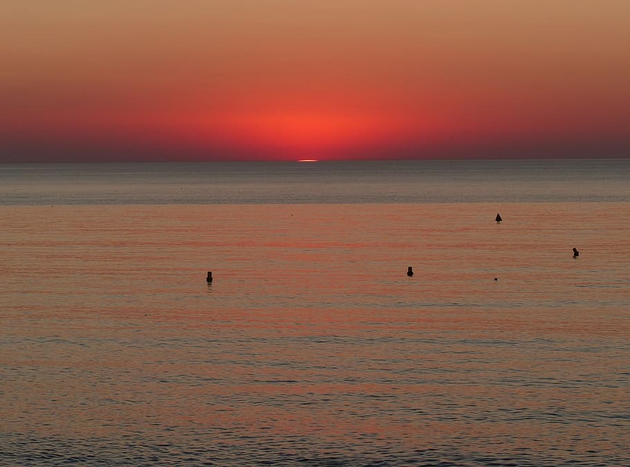 sunset, sea, clouds, orange, light, dusk, ocean, water, sky HD wallpaper