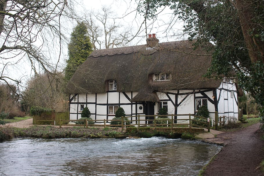 Cottage, Fulling Mill, Thatch, river, architecture, countryside HD wallpaper
