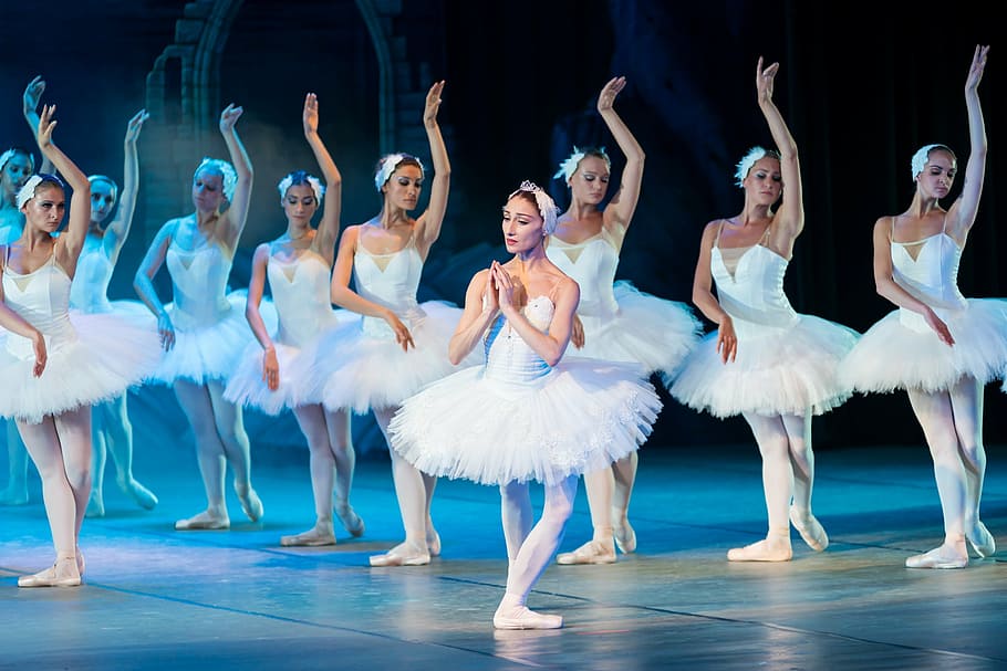 group of ballerinas on stage, ballet, swan lake, dance, elegance