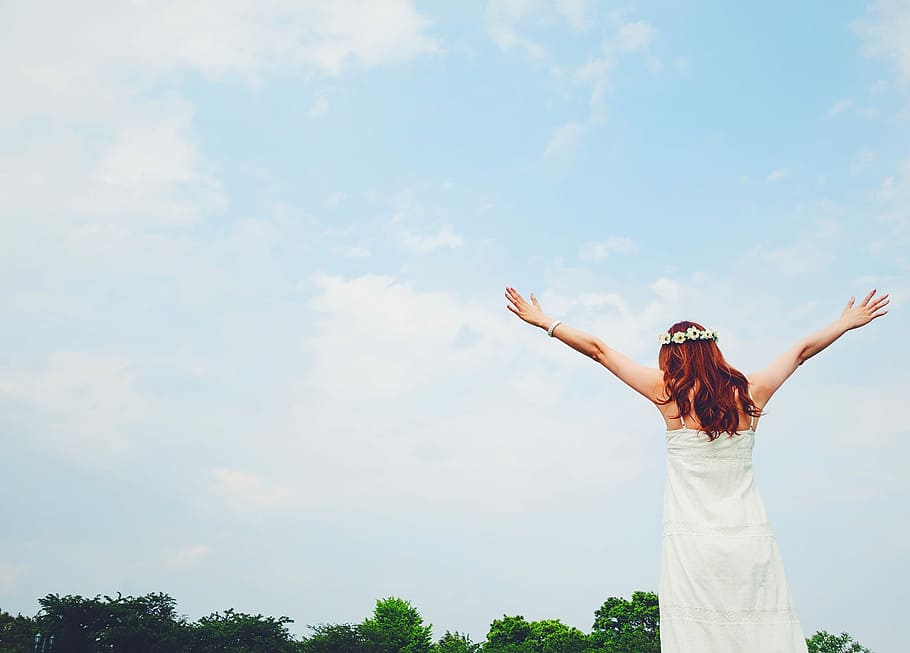 woman wearing white dress raising her hands, women, outdoors, HD wallpaper
