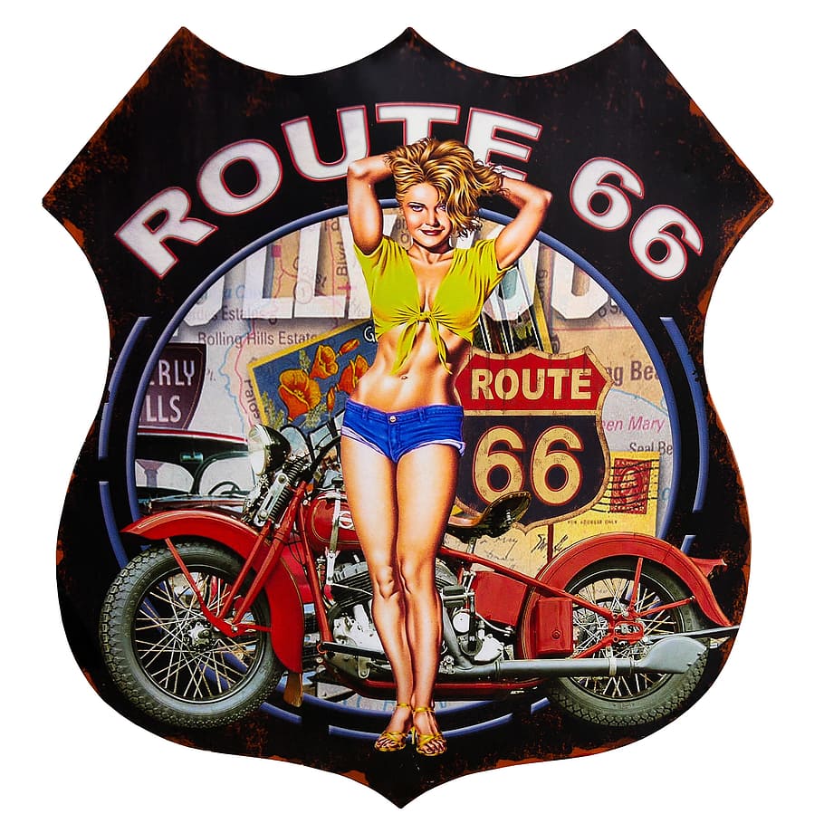 woman wearing yellow crop top and blue daisy duke near red chopper motorcycle Rout 66 illustration, HD wallpaper