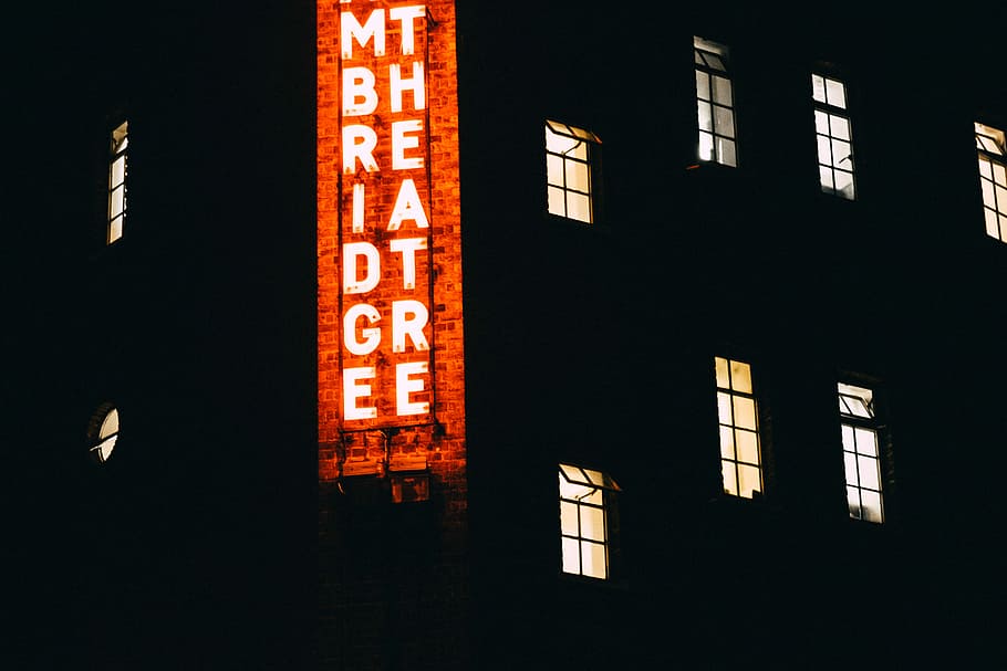 lighted building with signboard, red and white Mbridge Theater neon signage HD wallpaper