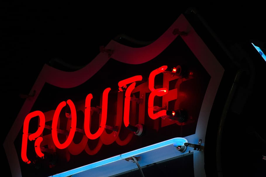 Route neon signage, red route signage, light, letters, word, urban, HD wallpaper