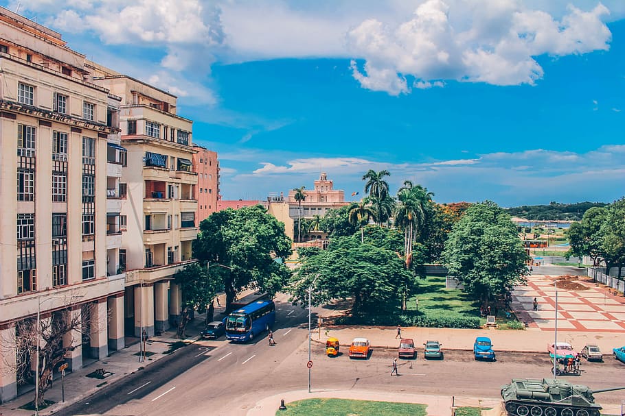 blue bus near trees and building during daytime, aerial view photography of person walking under cloudy blue sky during daytime HD wallpaper