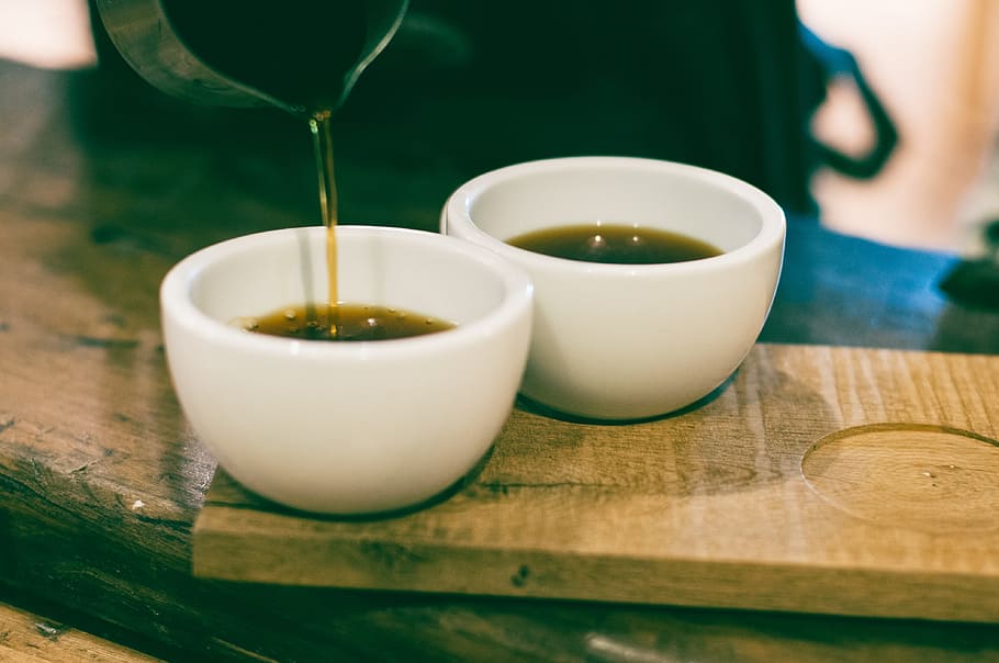 two white ceramic tea cups, drink, table, food, wood - Material HD wallpaper