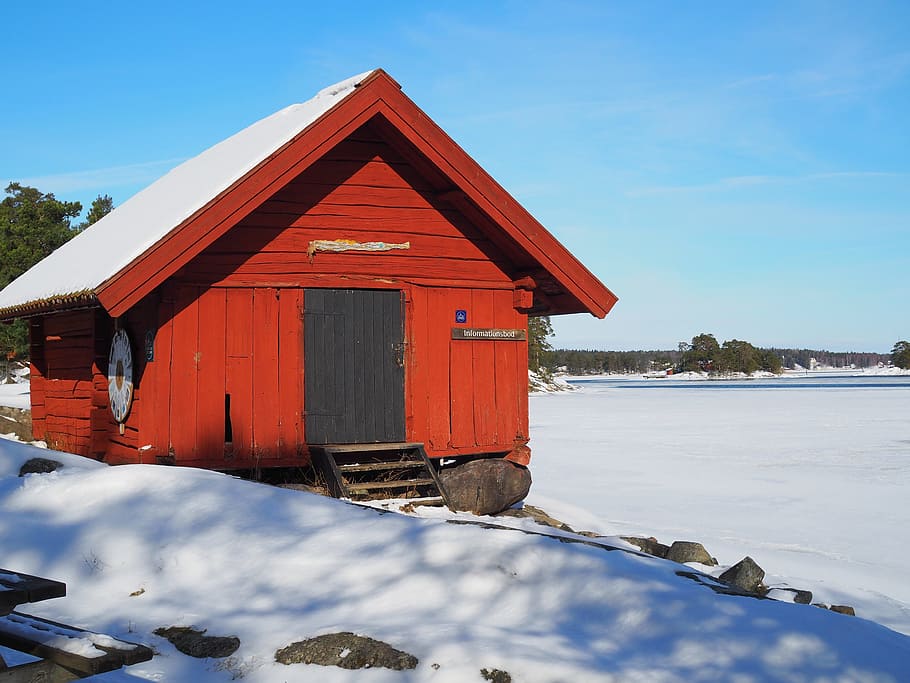outdoor, cultural building, fisherman, snow, winter, the stockholm archipelago, HD wallpaper