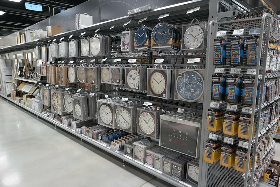 clock, department store, time, shelf, indoors, in a row, large group of objects HD wallpaper