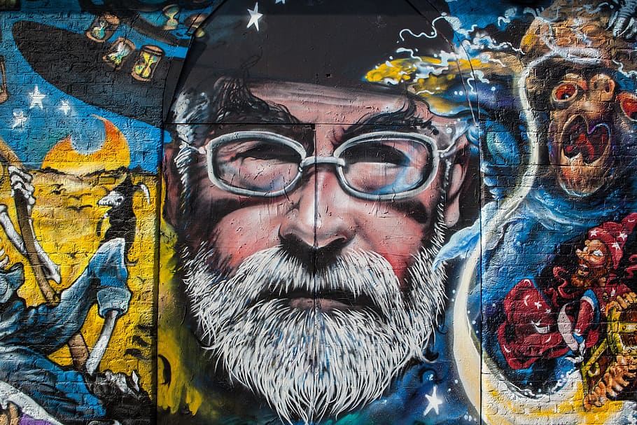 Street art mural depicting the late Terry Pratchett, English author, HD wallpaper