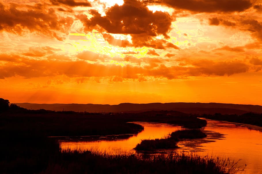 Pond, Sunset, Summer, reflection, silhouette, nature, scenics HD wallpaper