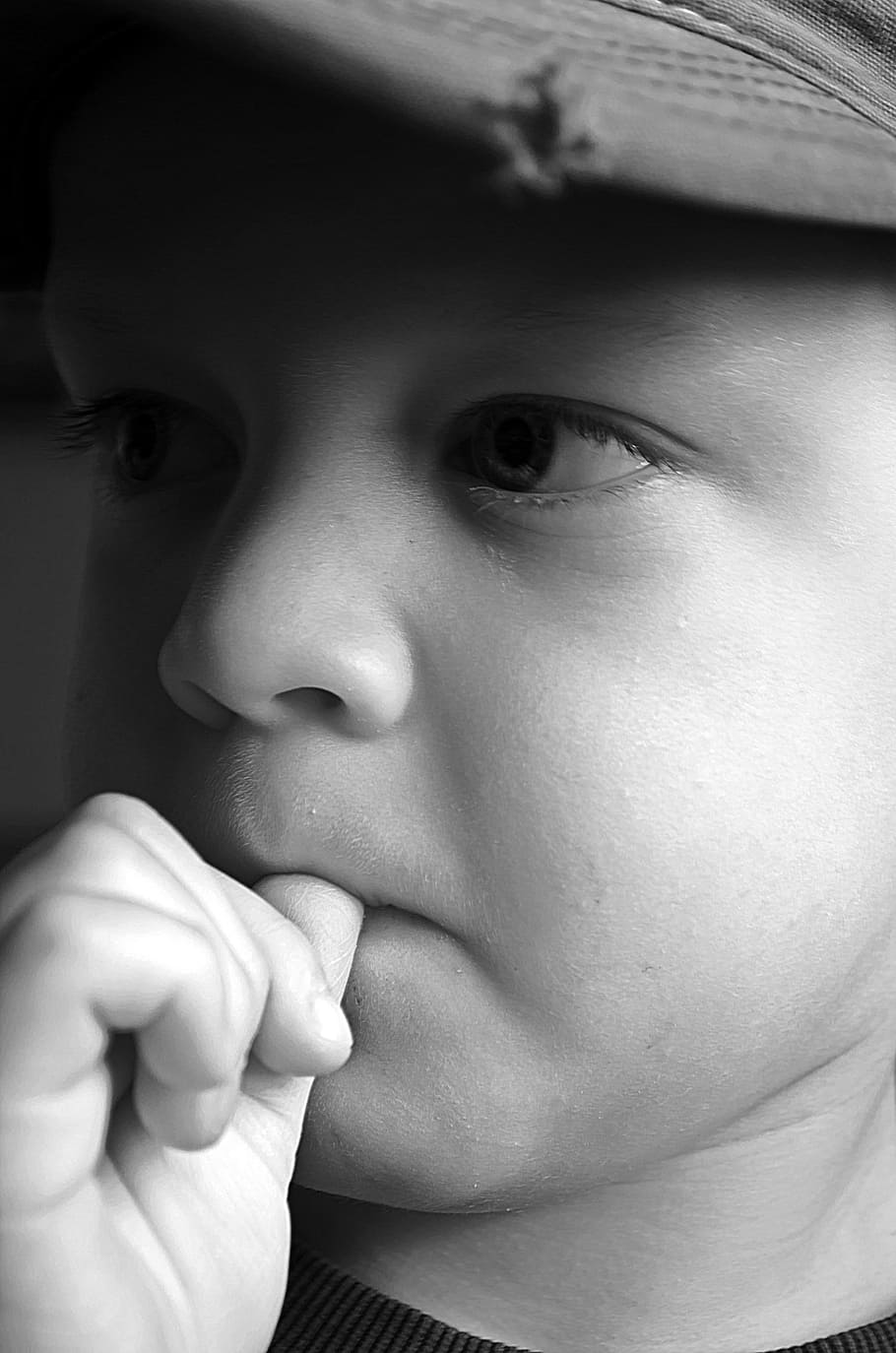 grayscale photography of boy wearing cap with thumb in mouth, HD wallpaper