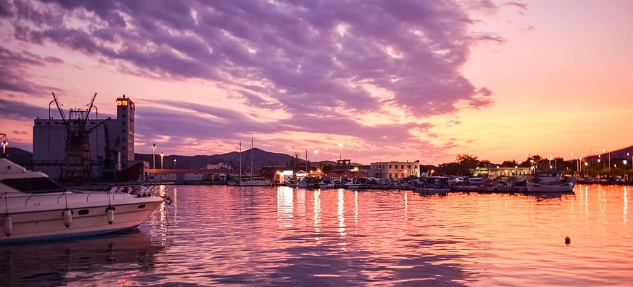 greece, volos, port, sunset, dusk, colors, town, lights, reflections, HD wallpaper