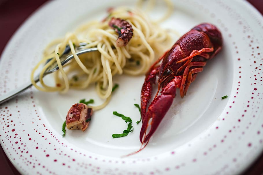 Fancy dinner with seafood pasta, crayfish and red wine by the table decorated with roses HD wallpaper