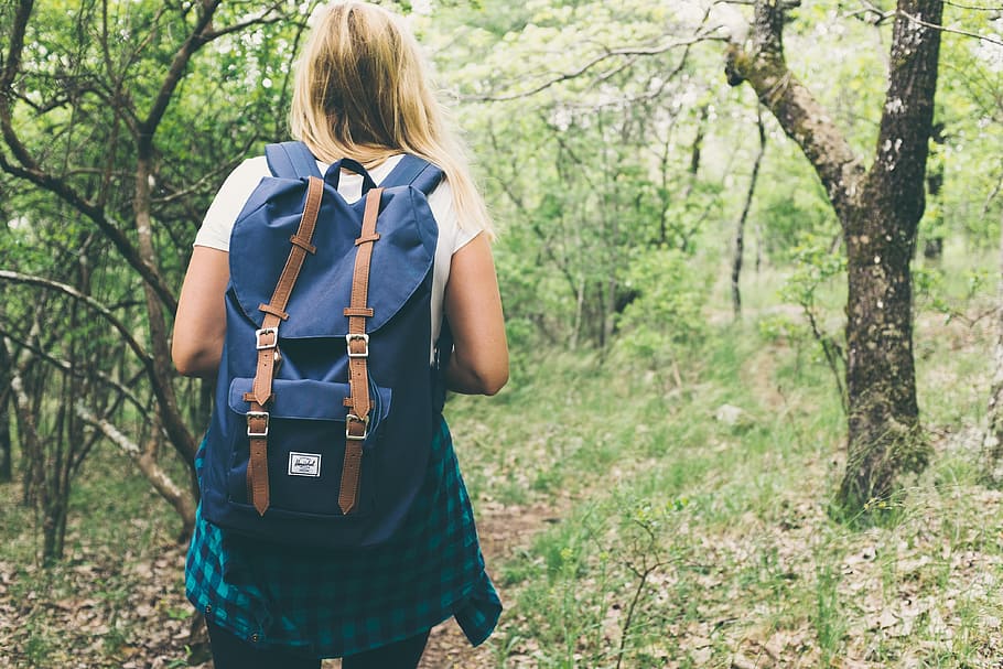 woman walking inside a forest, backpack, bag, beautiful, facing away HD wallpaper