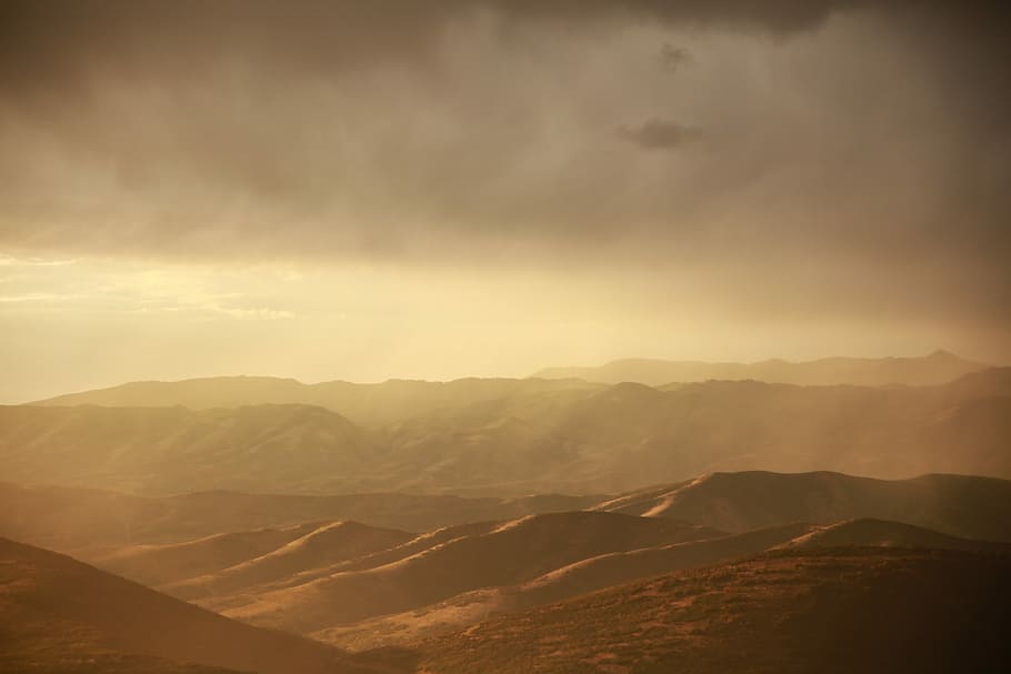 landscape photography of brown mountains, mountains covered by fog HD wallpaper