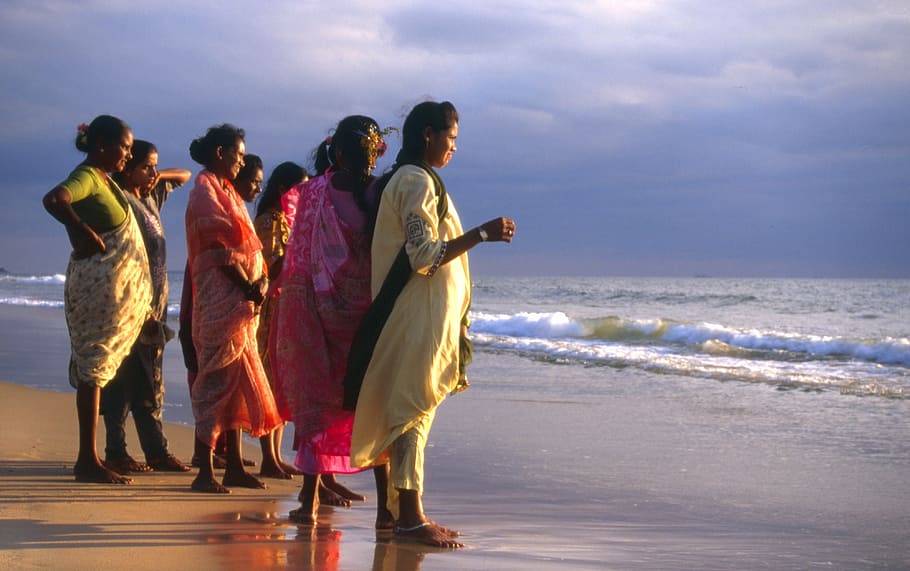 women standing near shoreline, calangute, goa, india, beach, costume, HD wallpaper