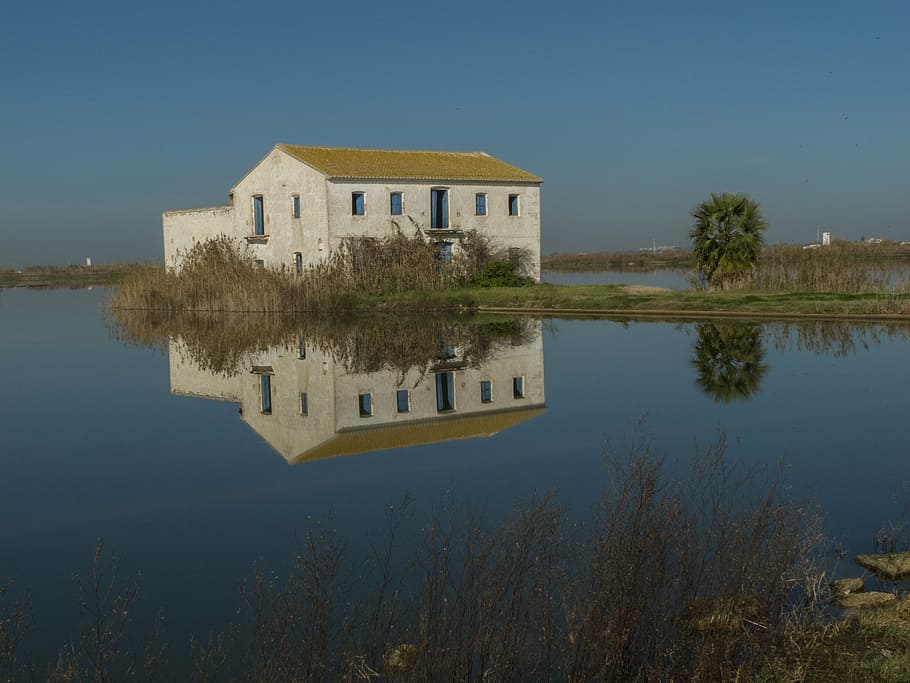 albufera, valencia, house, rustic, water, reflection, architecture, HD wallpaper