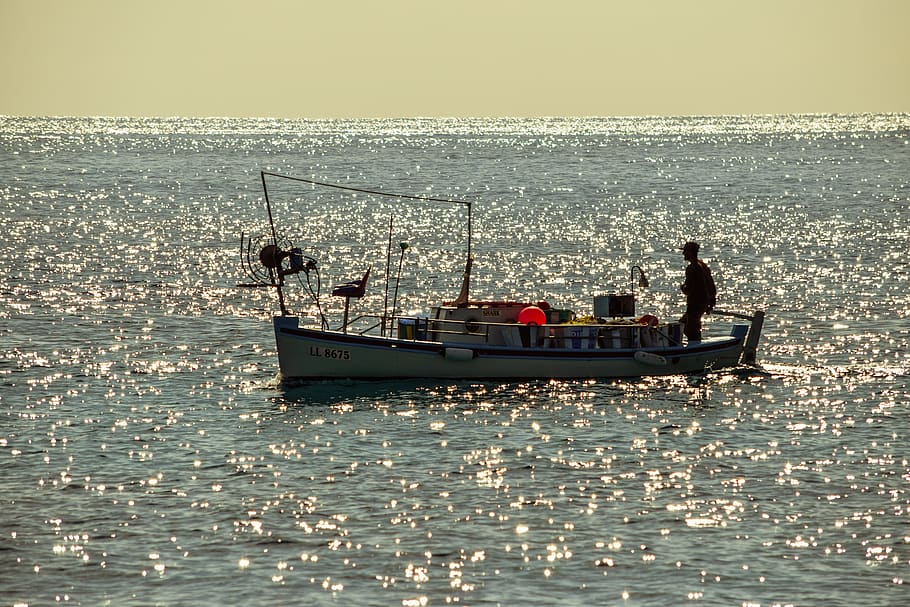 fishing boat, sea, afternoon, fishing time, cyprus, mediterranean, HD wallpaper