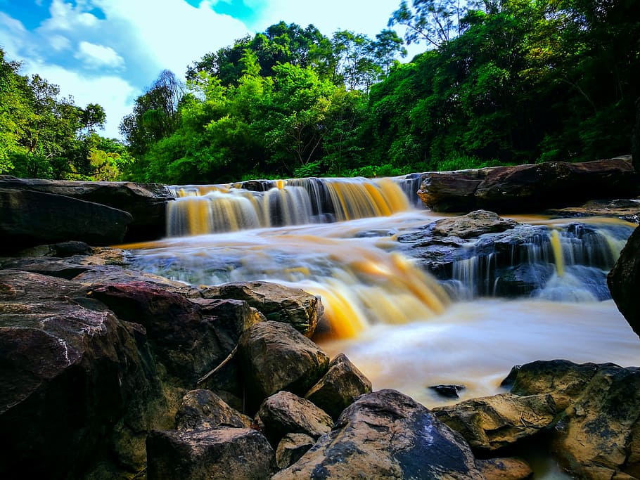 waterfall, nature, green, tree, bright, tour, flowing water HD wallpaper