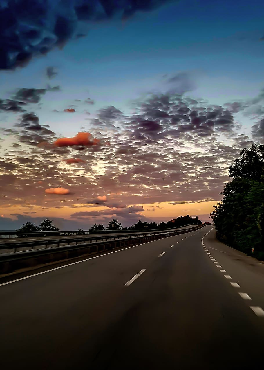 light, road, landscape, sky, asphalt, clouds, drive, dusk, evening HD wallpaper