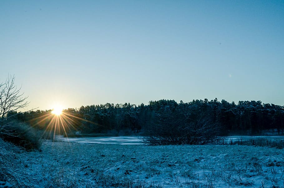 sunset, winter, snow, horizon, landscape, relaxation, lake HD wallpaper