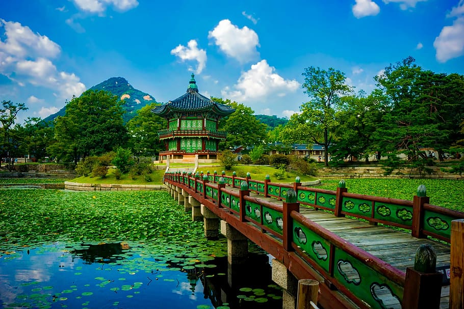 green and gray pagoda near the bridge photo in daytime, gyeongbokgung palace, HD wallpaper