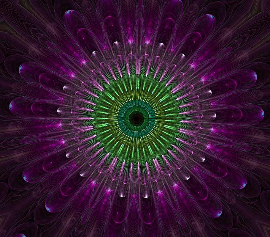purple and green mandala, fractal, glass, abstract, digital, art, HD wallpaper