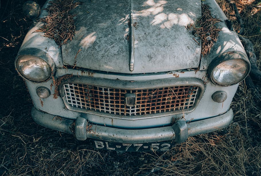 HD wallpaper: gray vehicle, vintage gray car on grass, blue, old