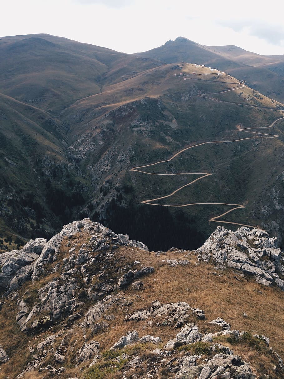 mountains, view, road, pass, uphill, bended, serpentines, range HD wallpaper