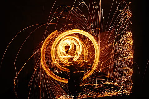 Fire, Sparks, Circles, Burn, Gold, motion, blurred motion, long exposure HD wallpaper