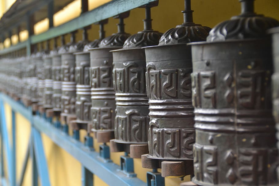 Buddhist Temple, Pokhara-Baglung Highway, prayer wheels, in a row