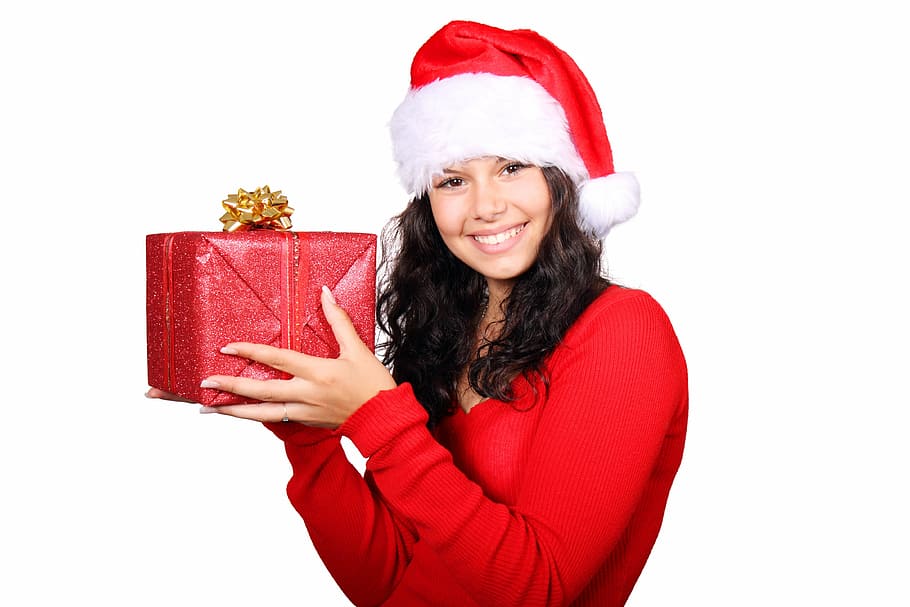 woman in Santa suit holding red box, christmas, claus, cute, female