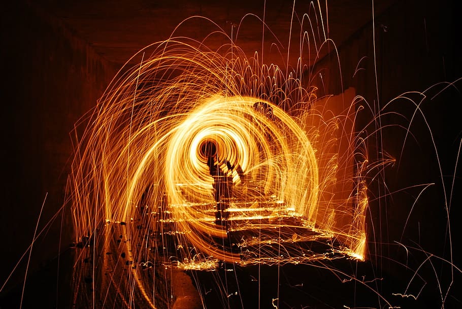 Fire, Sparks, Circles, Burn, Gold, motion, long exposure, wire wool HD wallpaper